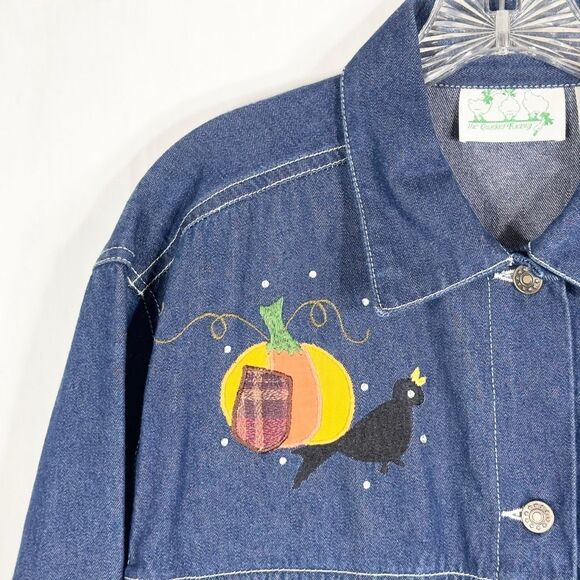 Quacker Factory Medium Denim Jacket‎ Jean Fall Autumn Scarecrow Pumpkin 1582 - Picture 5 of 11